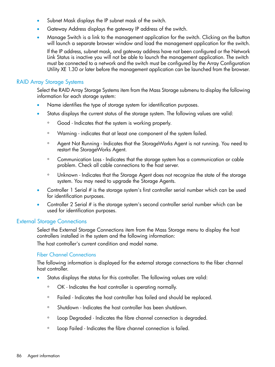 Raid array storage systems, External storage connections, Fiber channel connections | HP Insight Management Agents User Manual | Page 86 / 175