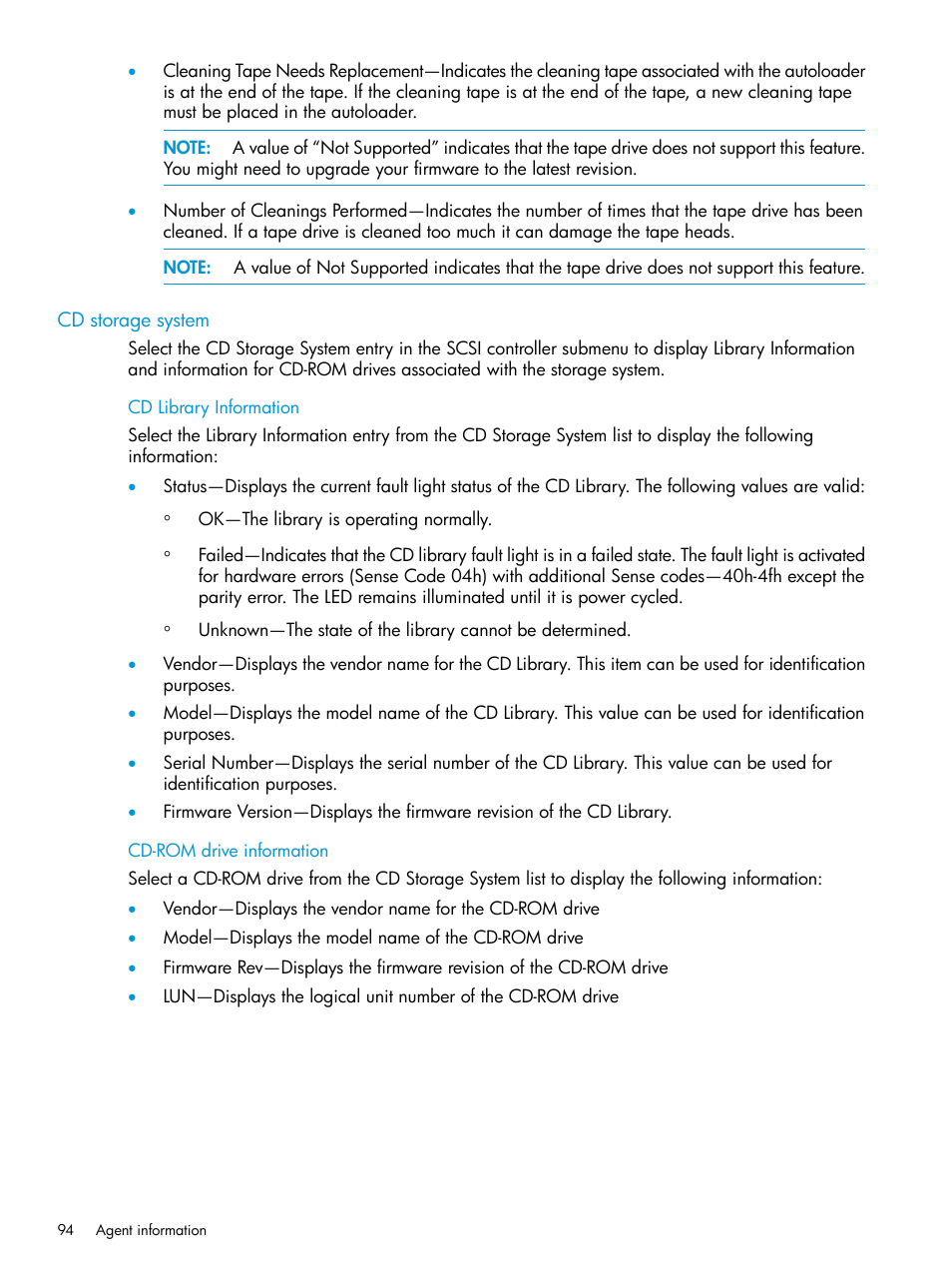 Cd storage system, Cd library information, Cd-rom drive information | Cd library information cd-rom drive information | HP Insight Management Agents User Manual | Page 94 / 175