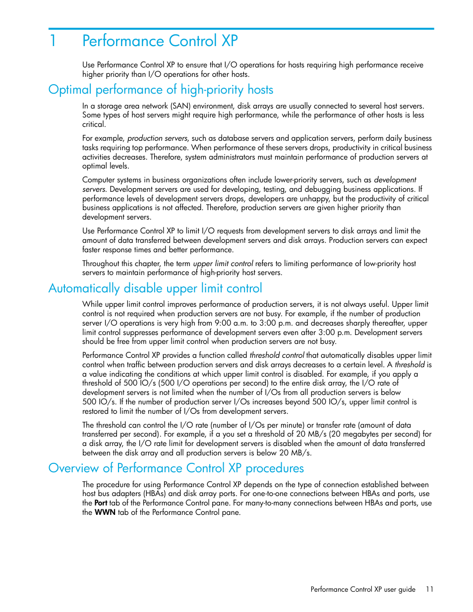 Performance control xp, Optimal performance of high-priority hosts, Automatically disable upper limit control | Overview of performance control xp procedures, 1 performance control xp, 1performance control xp | HP StorageWorks XP Remote Web Console Software User Manual | Page 11 / 90