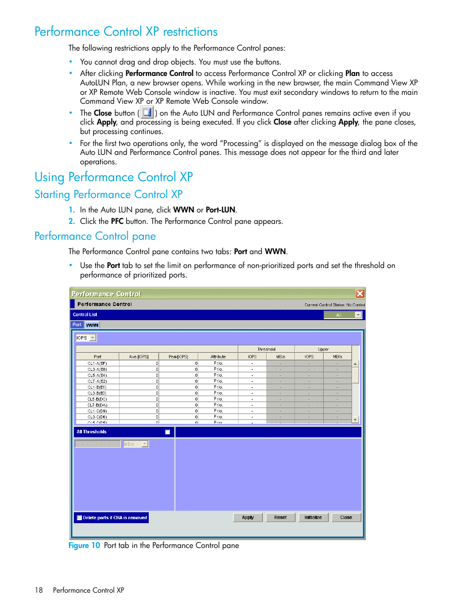Performance control xp restrictions, Using performance control xp, Starting performance control xp | Performance control pane, Figure 10 port tab in the performance control pane, 10 port tab in the performance control pane | HP StorageWorks XP Remote Web Console Software User Manual | Page 18 / 90