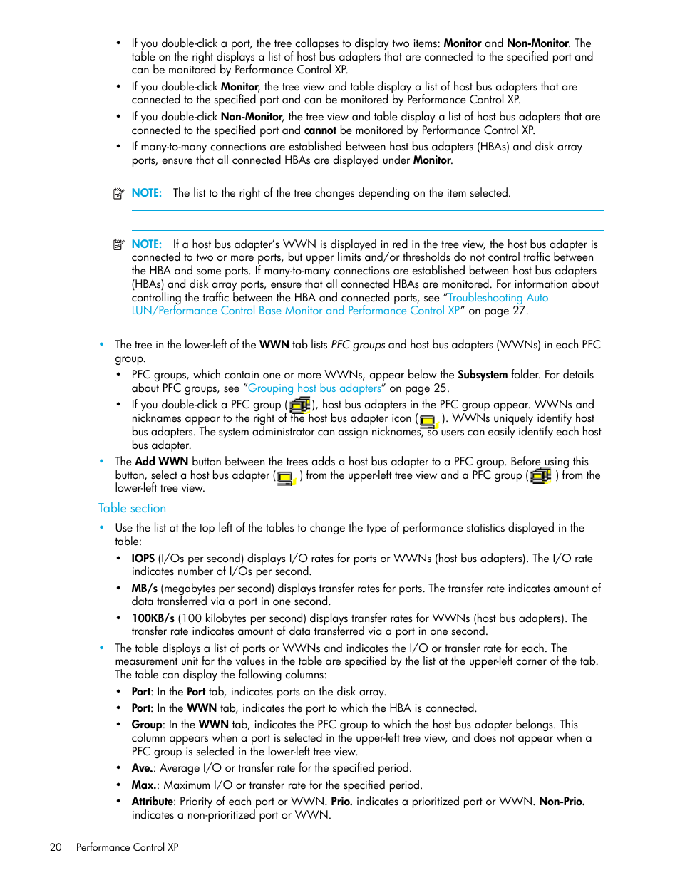 Table section | HP StorageWorks XP Remote Web Console Software User Manual | Page 20 / 90