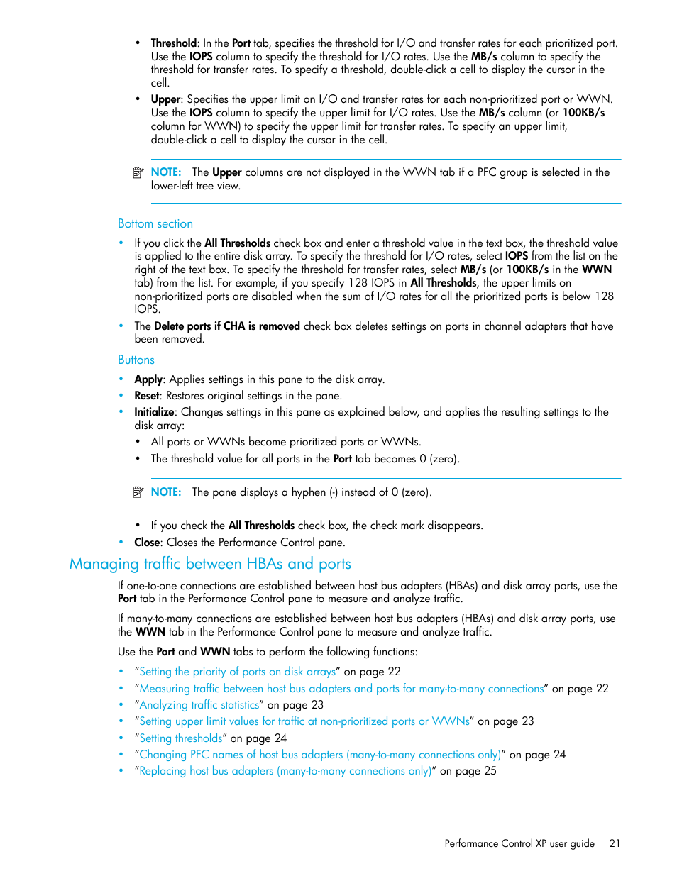 Bottom section, Buttons, Managing traffic between hbas and ports | HP StorageWorks XP Remote Web Console Software User Manual | Page 21 / 90