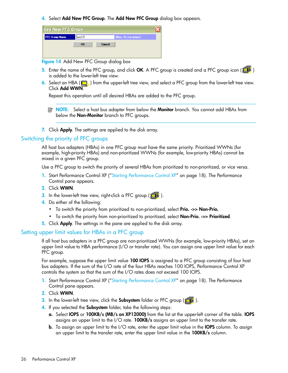 Figure 14 add new pfc group dialog box, Switching the priority of pfc groups, Setting upper limit values for hbas in a pfc group | 14 add new pfc group dialog box | HP StorageWorks XP Remote Web Console Software User Manual | Page 26 / 90