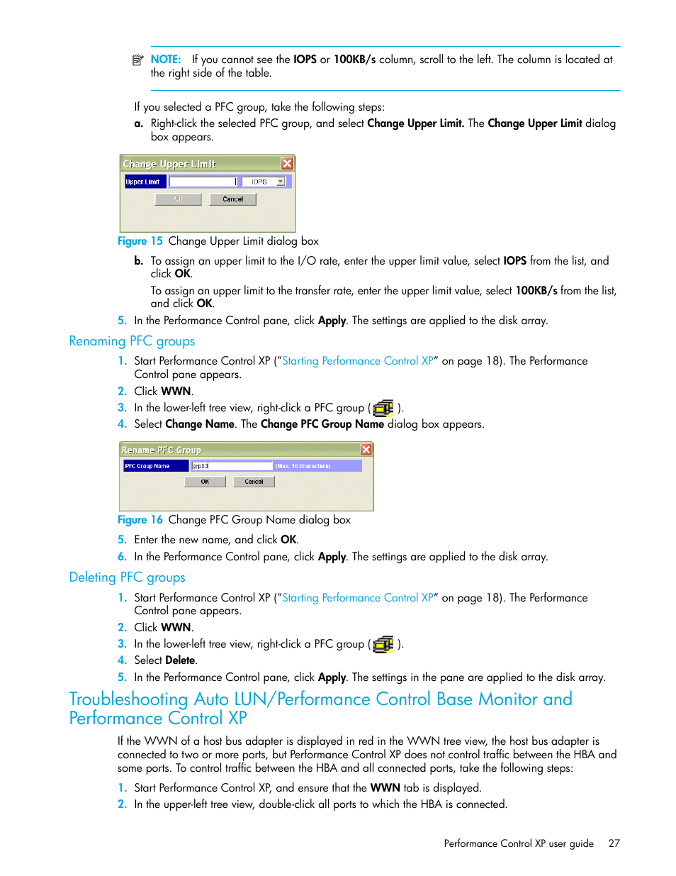 Figure 15 change upper limit dialog box, Renaming pfc groups, Figure 16 change pfc group name dialog box | Deleting pfc groups, 15 change upper limit dialog box, 16 change pfc group name dialog box, Troubleshooting auto | HP StorageWorks XP Remote Web Console Software User Manual | Page 27 / 90