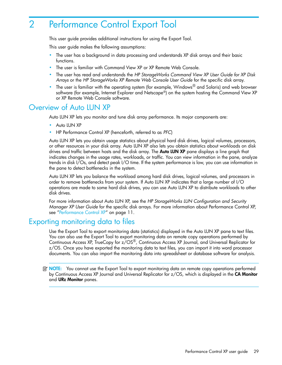 Performance control export tool, Overview of auto lun xp, Exporting monitoring data to files | 2 performance control export tool, 2performance control export tool | HP StorageWorks XP Remote Web Console Software User Manual | Page 29 / 90