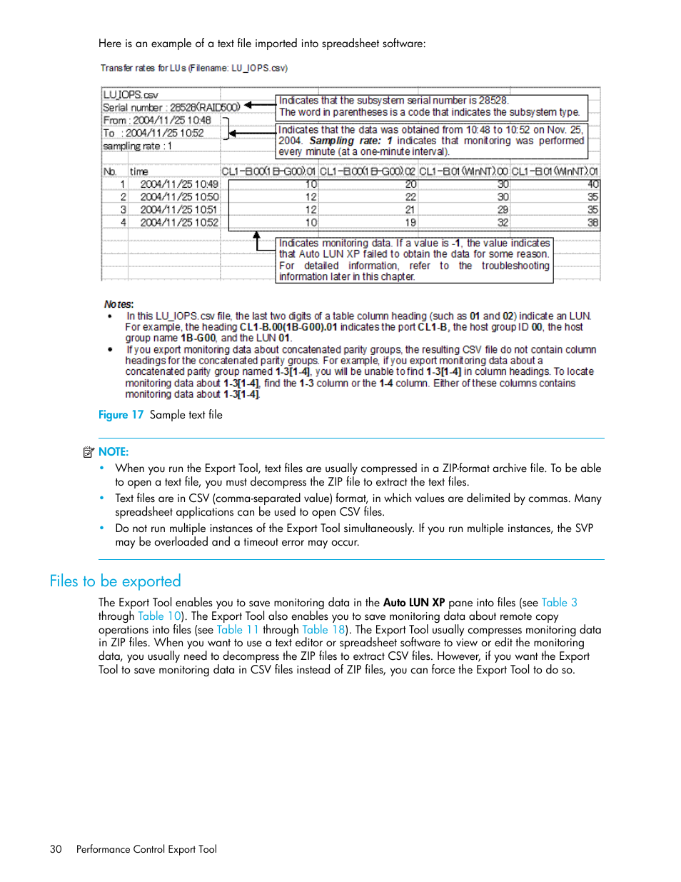 Figure 17 sample text file, Files to be exported, 17 sample text file | HP StorageWorks XP Remote Web Console Software User Manual | Page 30 / 90