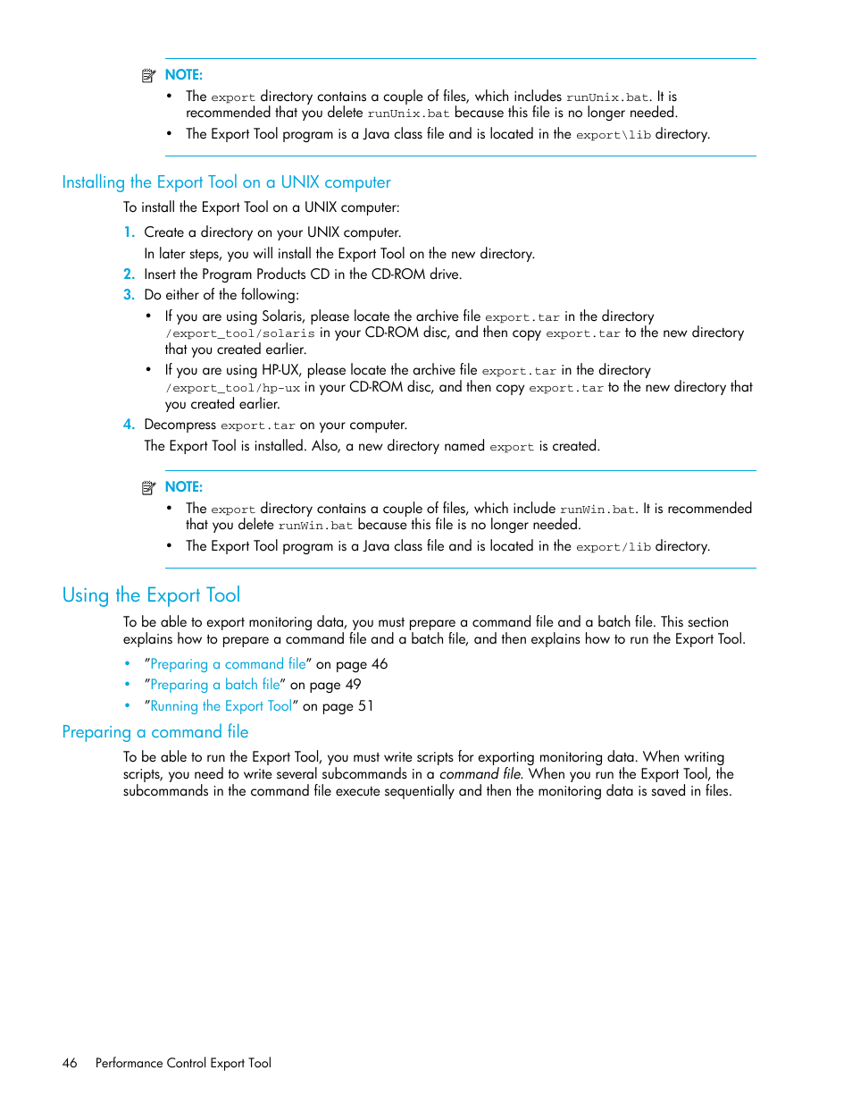 Installing the export tool on a unix computer, Using the export tool, Preparing a command file | HP StorageWorks XP Remote Web Console Software User Manual | Page 46 / 90