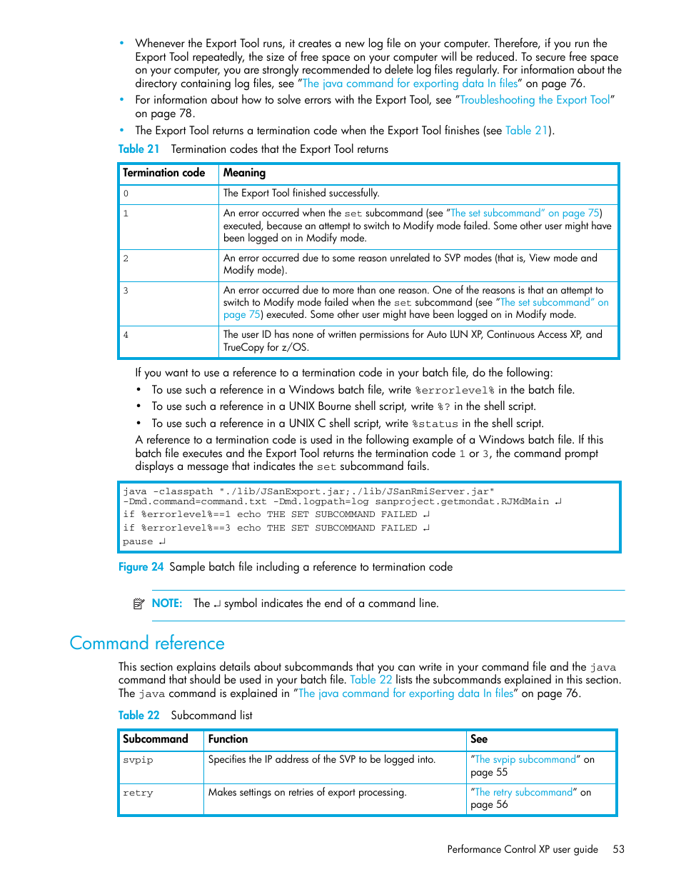 Command reference, Table 22 subcommand list (continued), 21 termination codes that the export tool returns | 22 subcommand list | HP StorageWorks XP Remote Web Console Software User Manual | Page 53 / 90