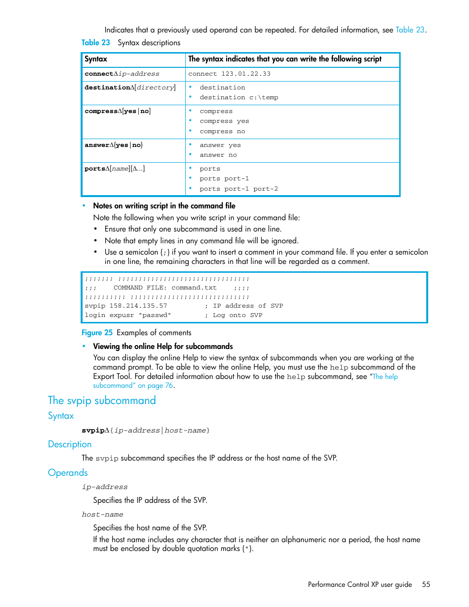 Table 23 syntax descriptions, Figure 25 examples of comments, The svpip subcommand | Syntax, Description, Operands, 25 examples of comments, 23 syntax descriptions, The svpip, Subcommand | HP StorageWorks XP Remote Web Console Software User Manual | Page 55 / 90