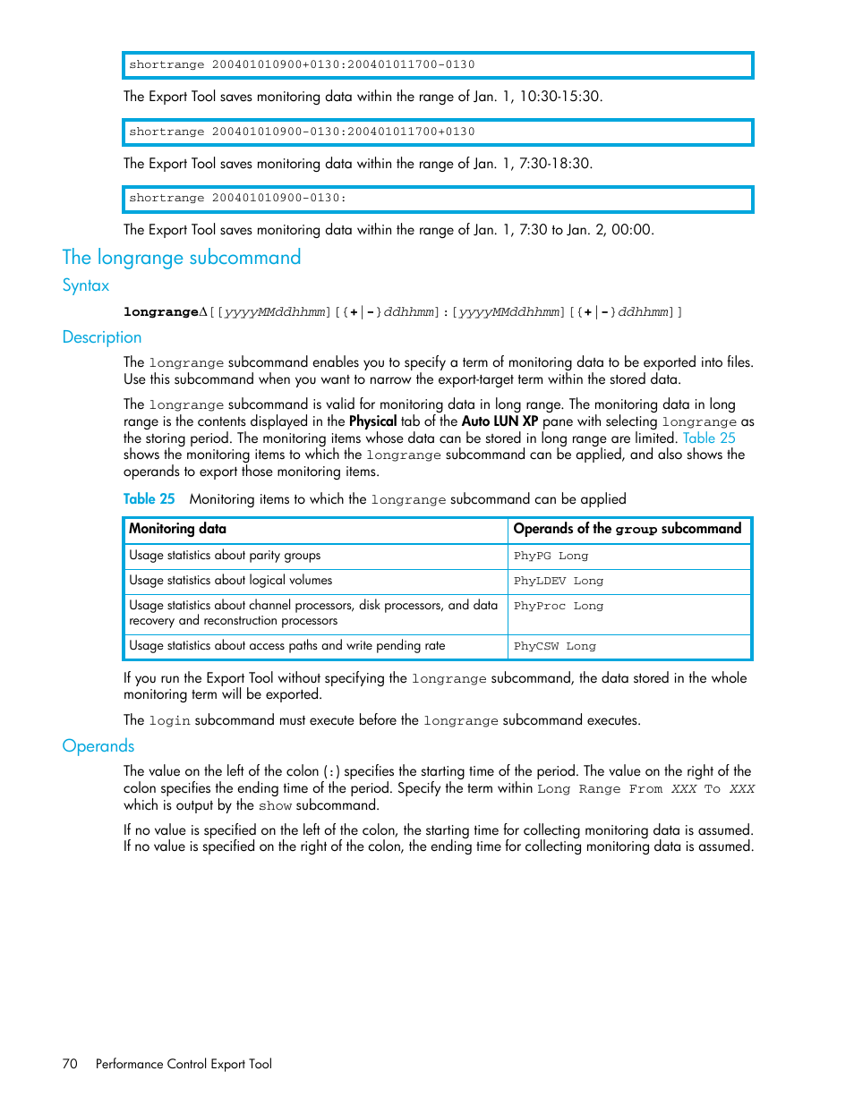 The longrange subcommand, Syntax, Description | Operands, 25 monitoring items to which the longrange, Longrange subcommand | HP StorageWorks XP Remote Web Console Software User Manual | Page 70 / 90