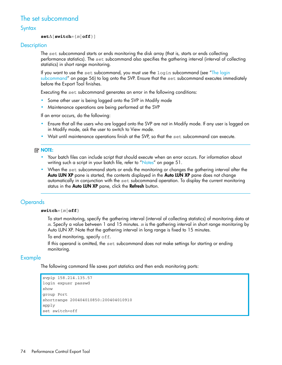 The set subcommand, Syntax, Description | Operands, Example, The set subcommand” on | HP StorageWorks XP Remote Web Console Software User Manual | Page 74 / 90
