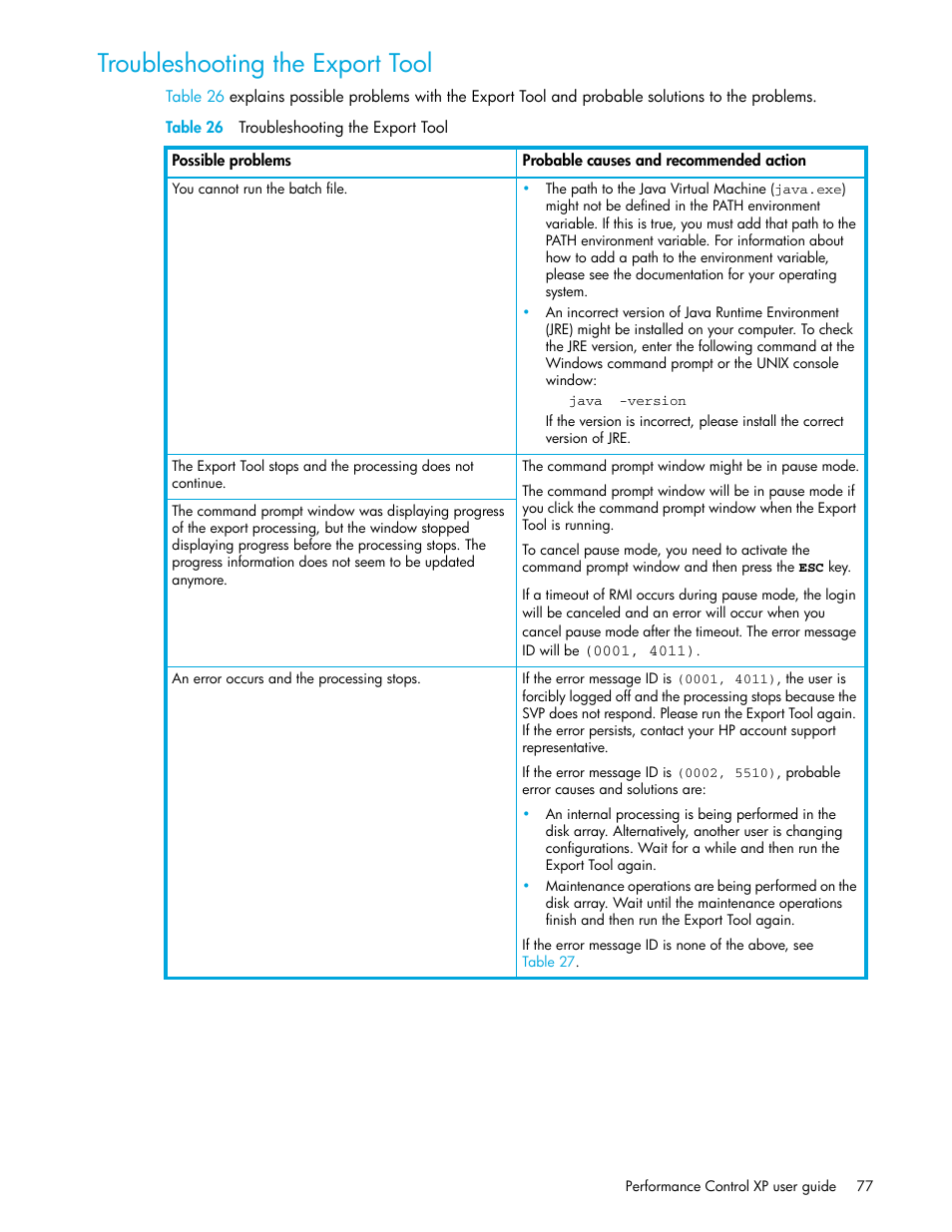 Troubleshooting the export tool, 26 troubleshooting the export tool | HP StorageWorks XP Remote Web Console Software User Manual | Page 77 / 90