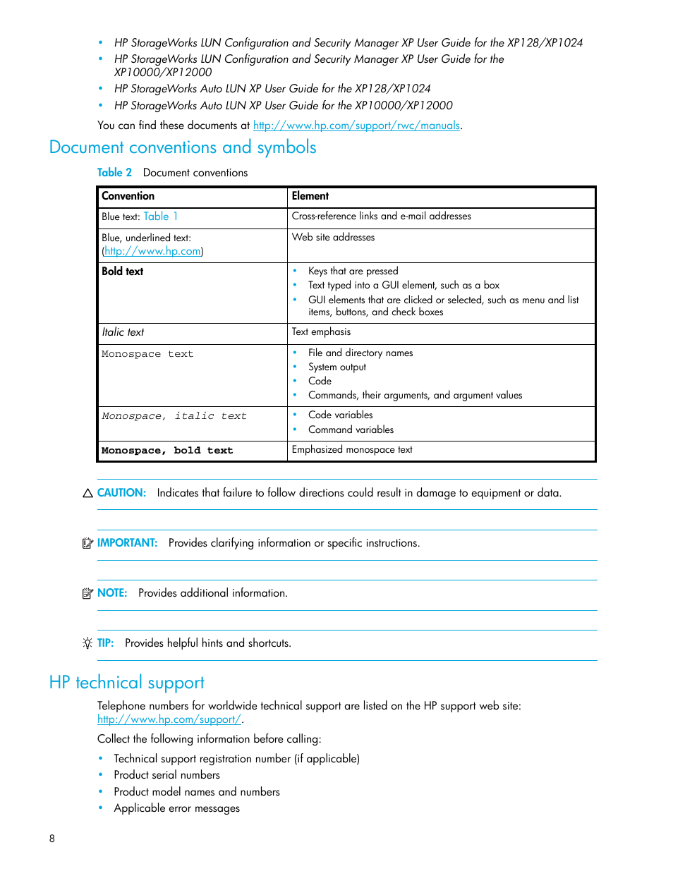 Document conventions and symbols, Table 2 document conventions, Hp technical support | 1 document conventions | HP StorageWorks XP Remote Web Console Software User Manual | Page 8 / 90