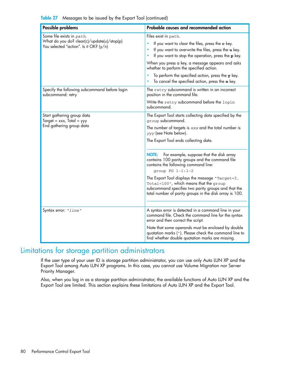 Limitations for storage partition administrators | HP StorageWorks XP Remote Web Console Software User Manual | Page 80 / 90