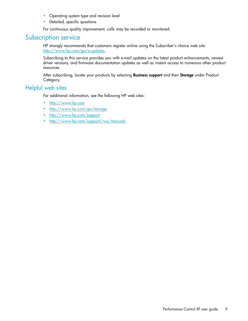 Subscription service, Helpful web sites | HP StorageWorks XP Remote Web Console Software User Manual | Page 9 / 90