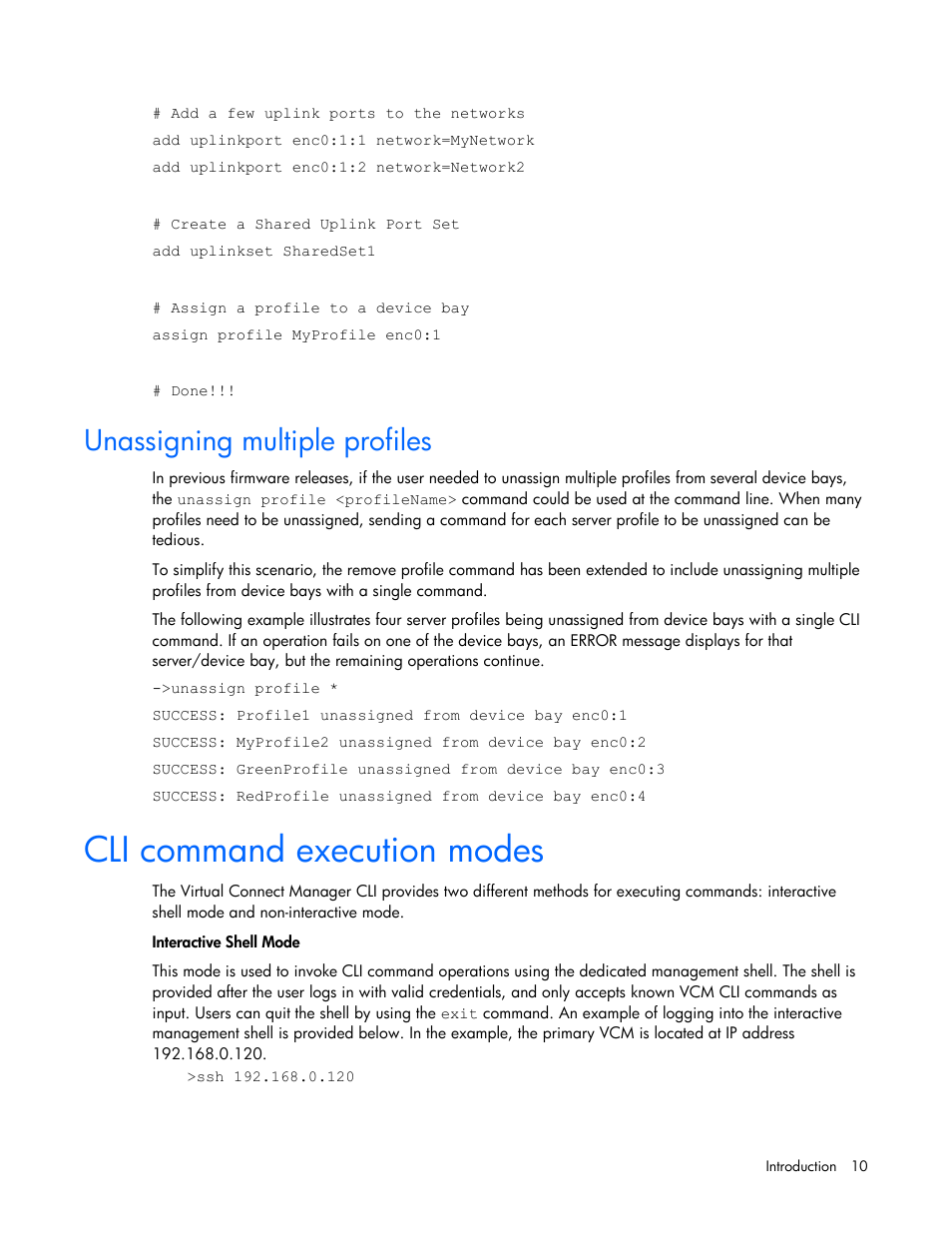 Unassigning multiple profiles, Cli command execution modes | HP Integrity BL870c i2 Server-Blade User Manual | Page 10 / 117