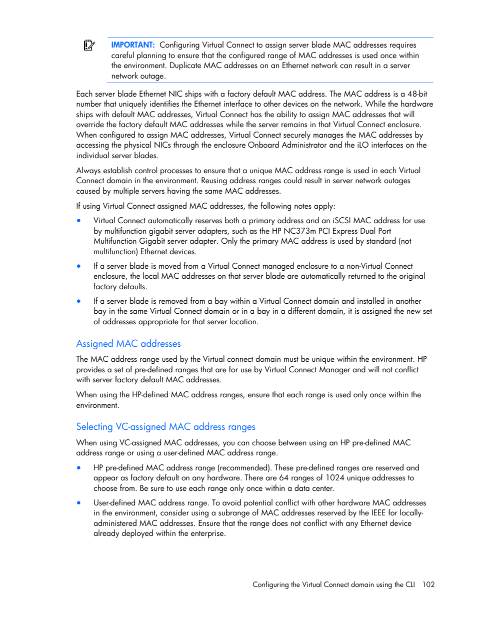 Assigned mac addresses, Selecting vc-assigned mac address ranges | HP Integrity BL870c i2 Server-Blade User Manual | Page 102 / 117