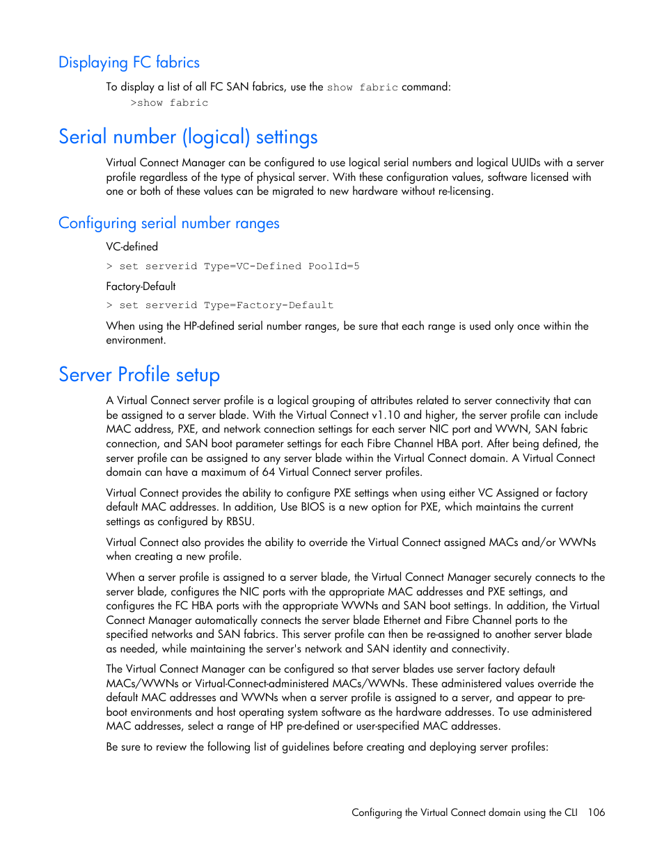 Displaying fc fabrics, Serial number (logical) settings, Configuring serial number ranges | Server profile setup | HP Integrity BL870c i2 Server-Blade User Manual | Page 106 / 117