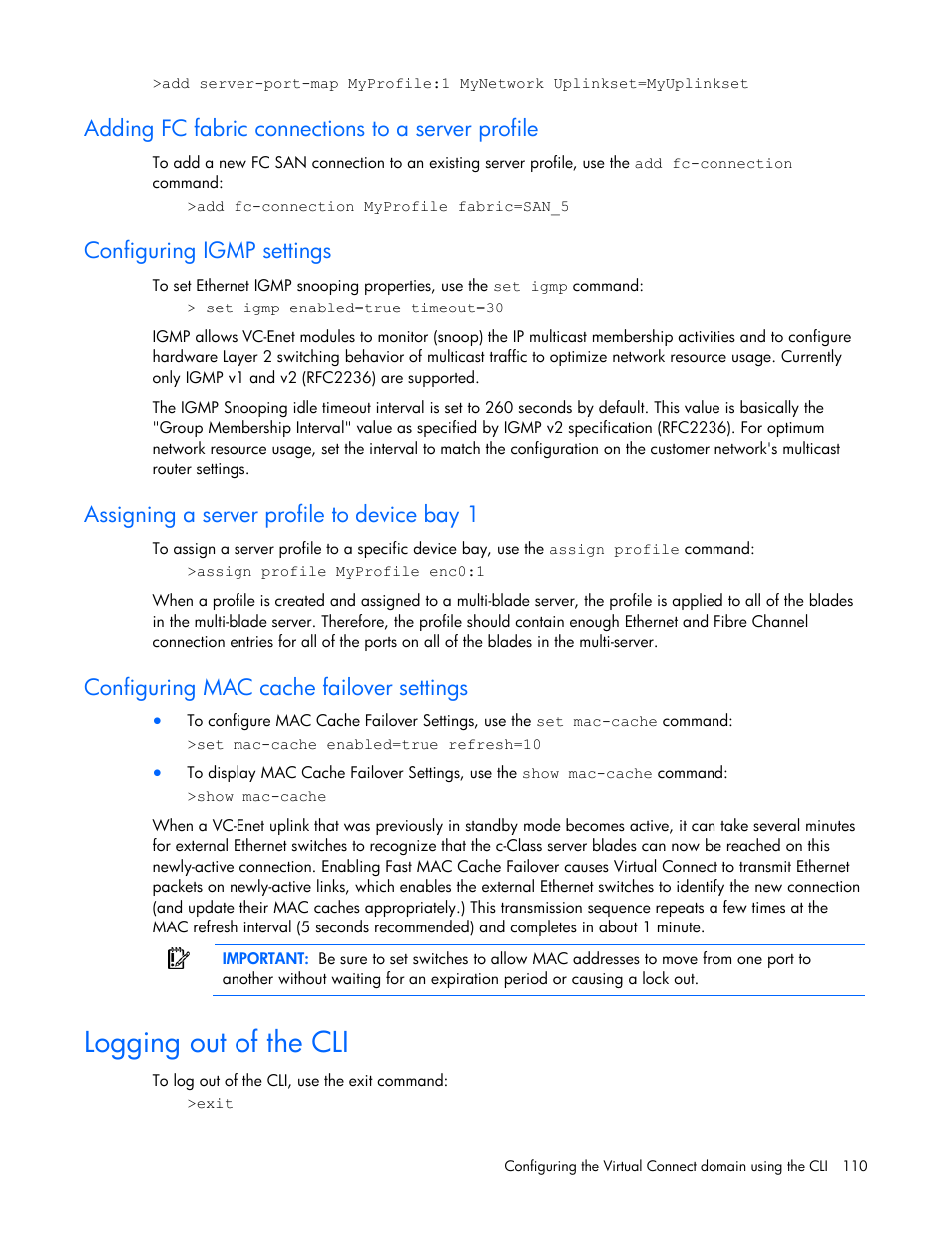 Adding fc fabric connections to a server profile, Configuring igmp settings, Assigning a server profile to device bay 1 | Configuring mac cache failover settings, Logging out of the cli | HP Integrity BL870c i2 Server-Blade User Manual | Page 110 / 117