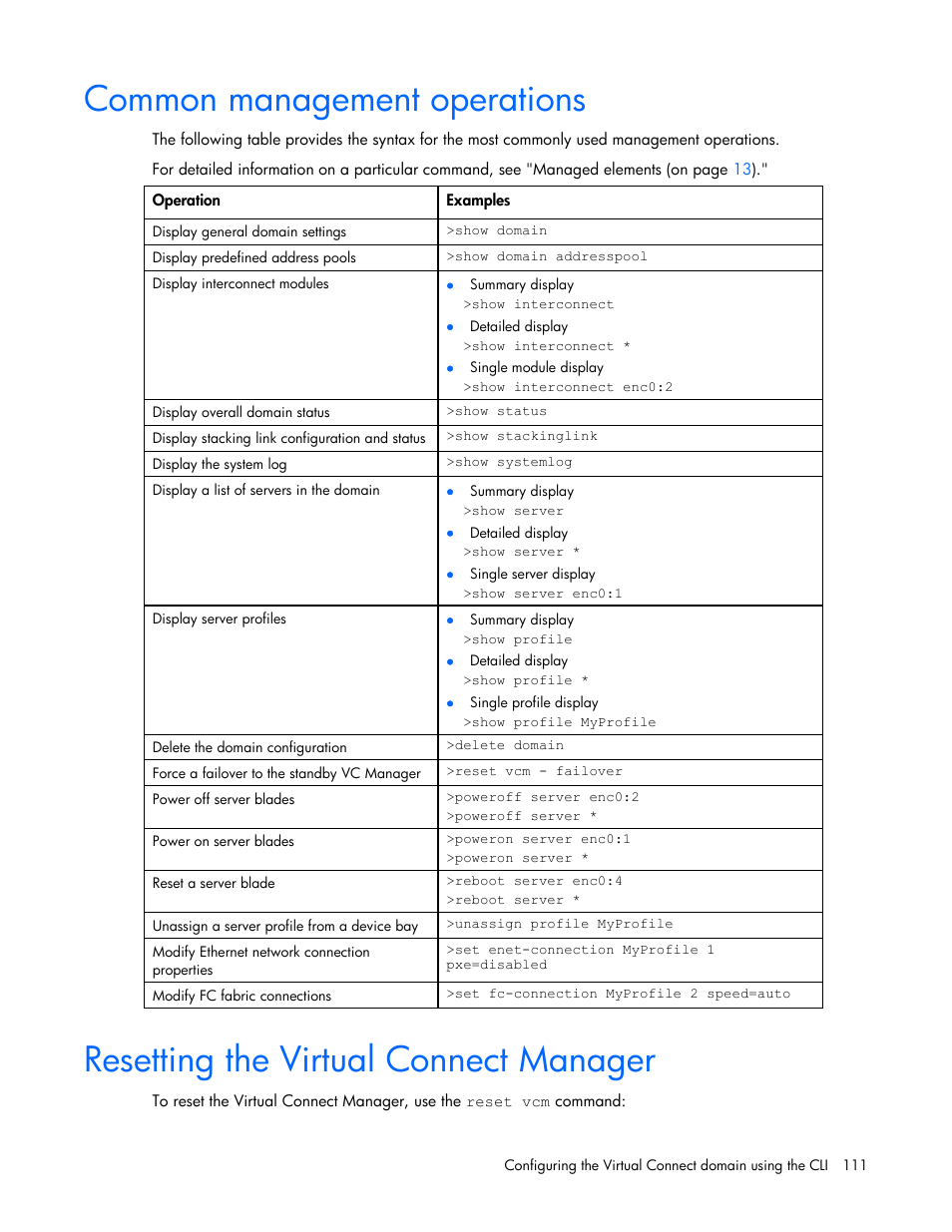 Common management operations, Resetting the virtual connect manager | HP Integrity BL870c i2 Server-Blade User Manual | Page 111 / 117