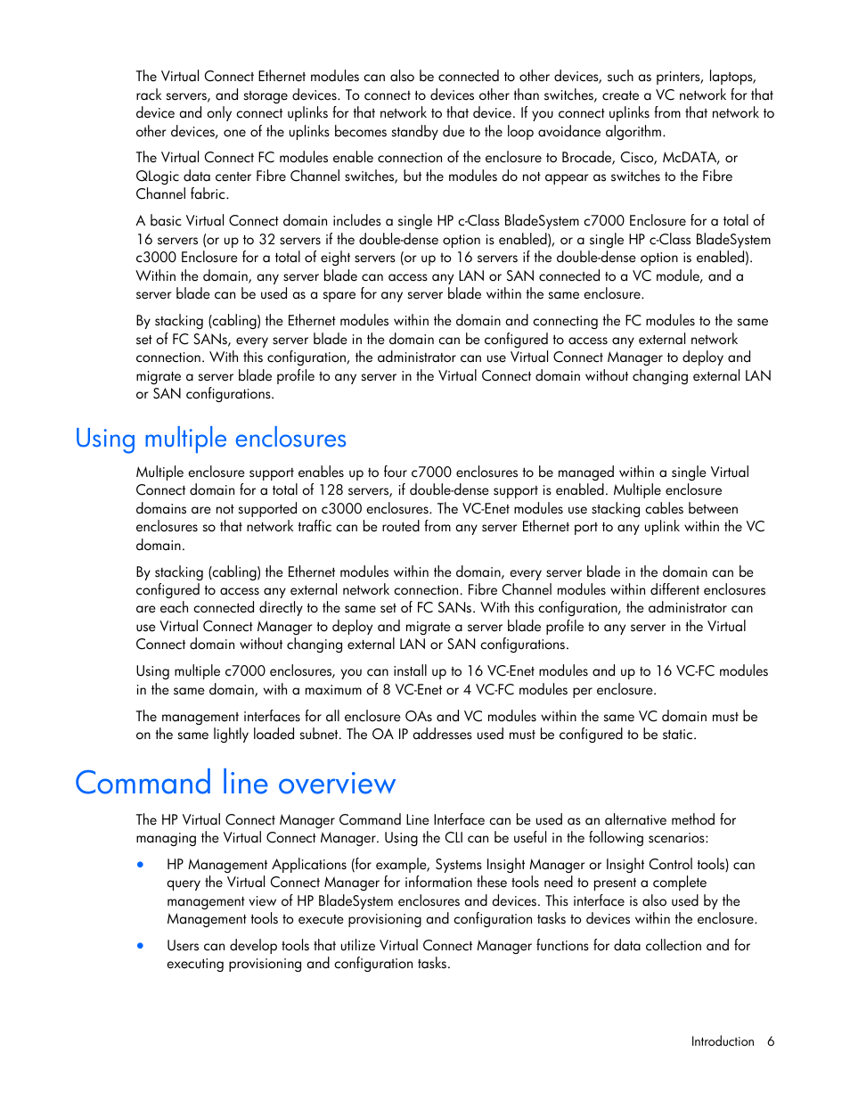 Using multiple enclosures, Command line overview | HP Integrity BL870c i2 Server-Blade User Manual | Page 6 / 117