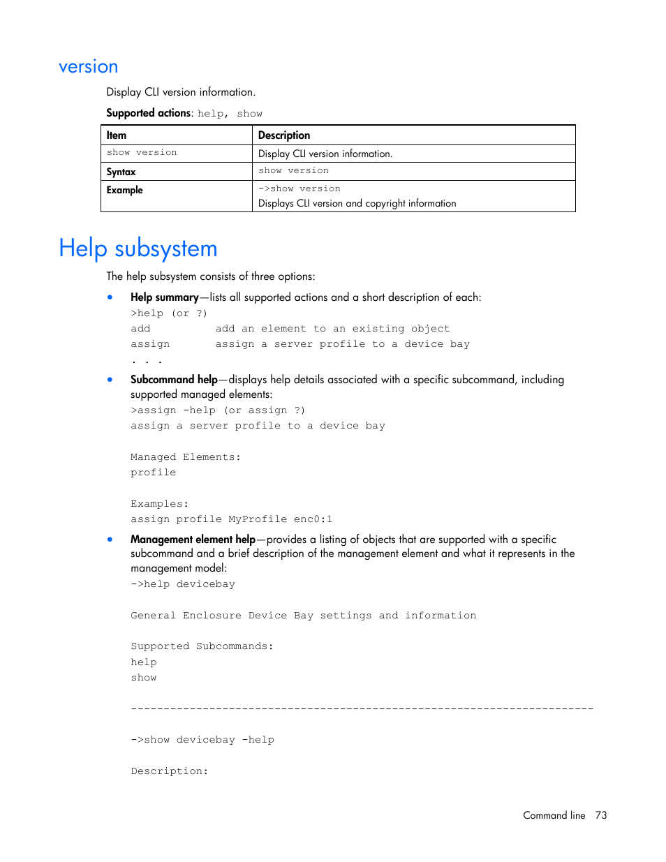 Version, Help subsystem | HP Integrity BL870c i2 Server-Blade User Manual | Page 73 / 117