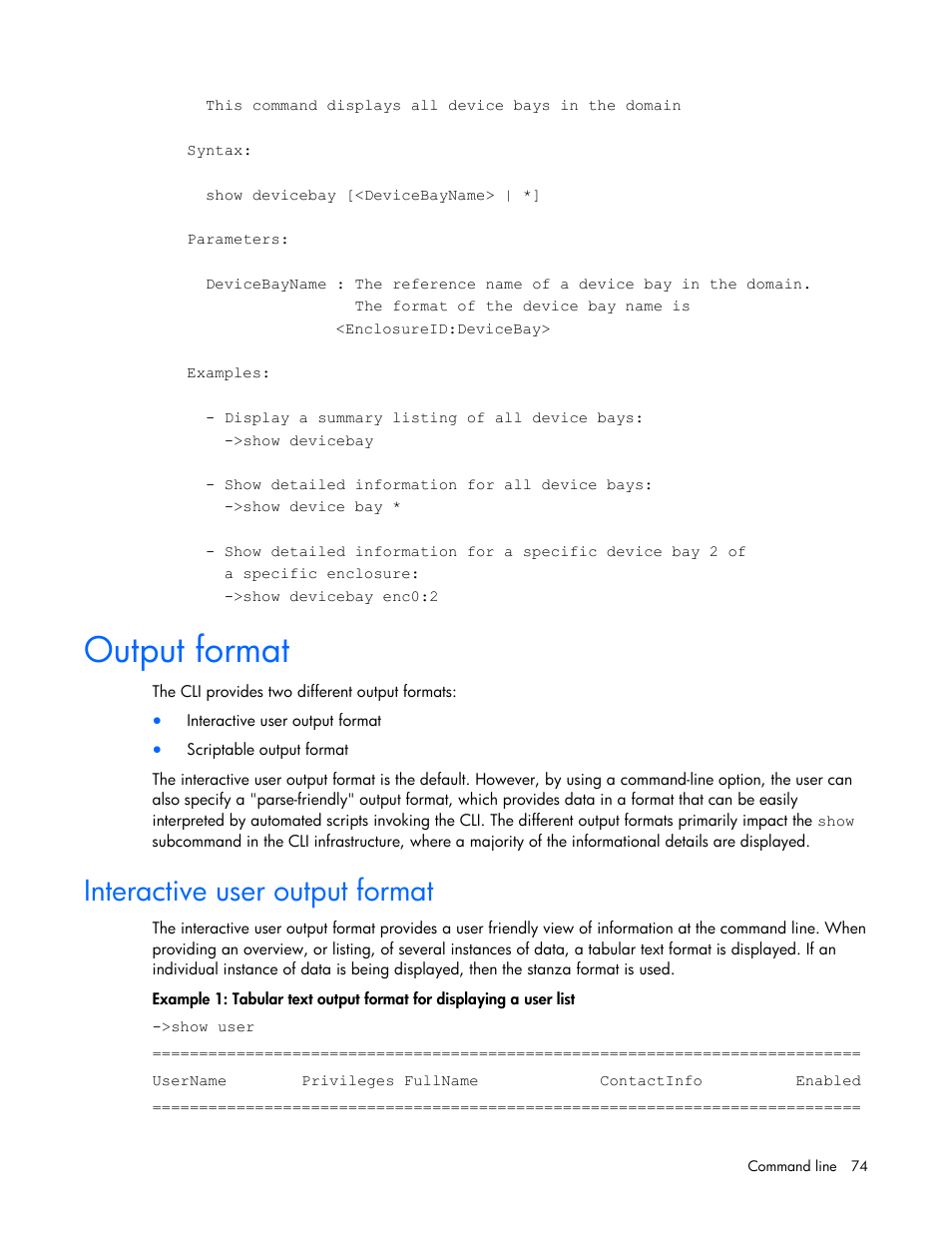 Output format, Interactive user output format | HP Integrity BL870c i2 Server-Blade User Manual | Page 74 / 117