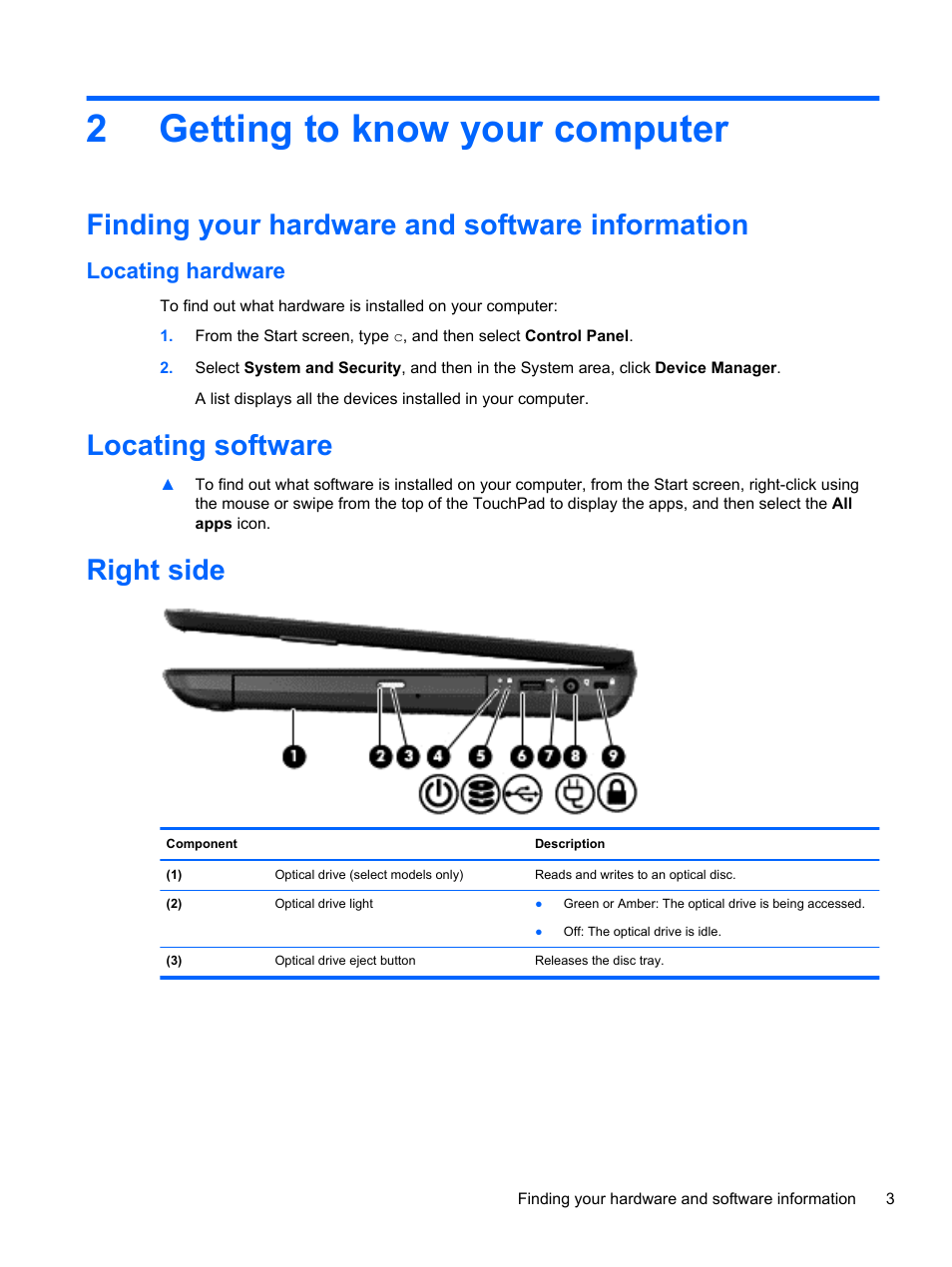 Getting to know your computer, Finding your hardware and software information, Locating hardware | Locating software, Right side, 2 getting to know your computer, Locating software right side, 2getting to know your computer | HP Pavilion g6-2226nr Notebook PC User Manual | Page 11 / 75