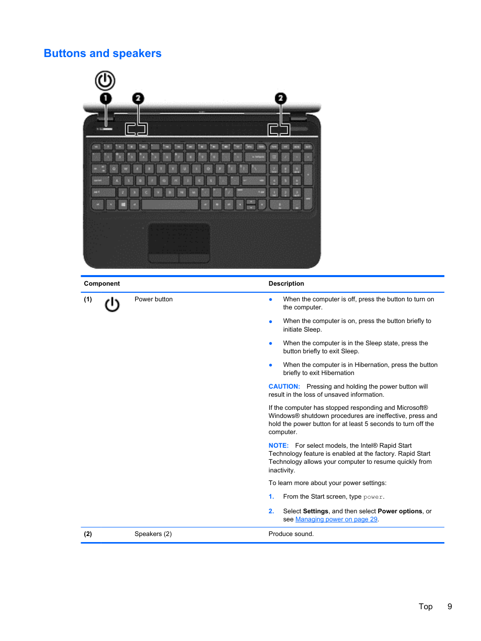 Buttons and speakers, Top 9 | HP Pavilion g6-2226nr Notebook PC User Manual | Page 17 / 75