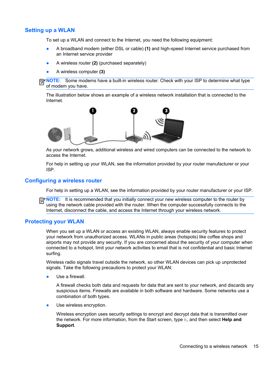 Setting up a wlan, Configuring a wireless router, Protecting your wlan | HP Pavilion g6-2226nr Notebook PC User Manual | Page 23 / 75