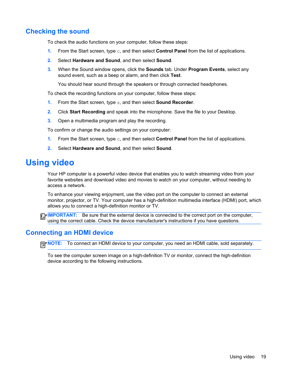 Checking the sound, Using video, Connecting an hdmi device | E? see | HP Pavilion g6-2226nr Notebook PC User Manual | Page 27 / 75