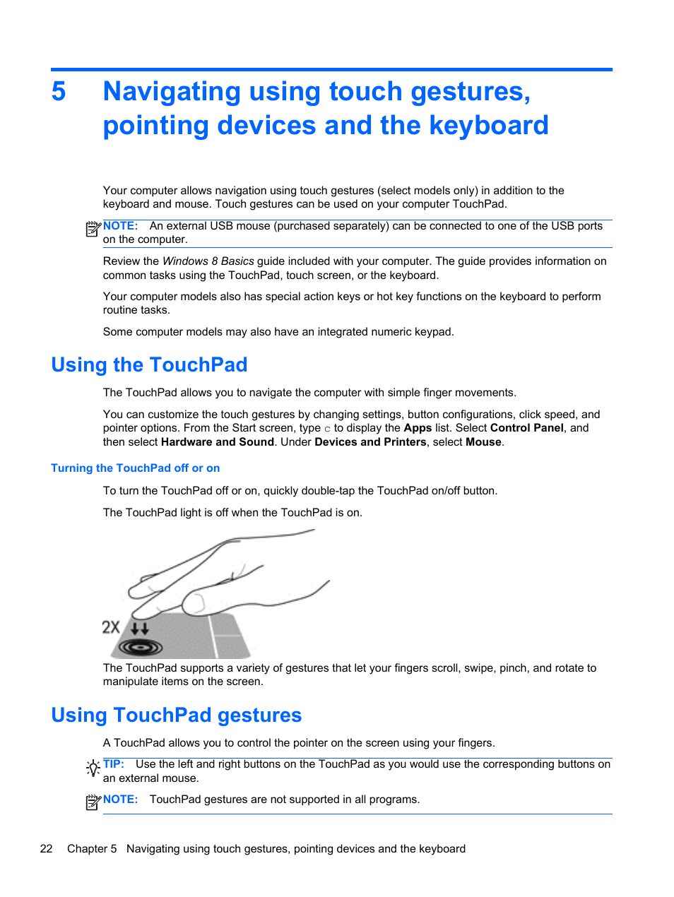 Using the touchpad, Using touchpad gestures, Using the touchpad using touchpad gestures | Text. see | HP Pavilion g6-2226nr Notebook PC User Manual | Page 30 / 75