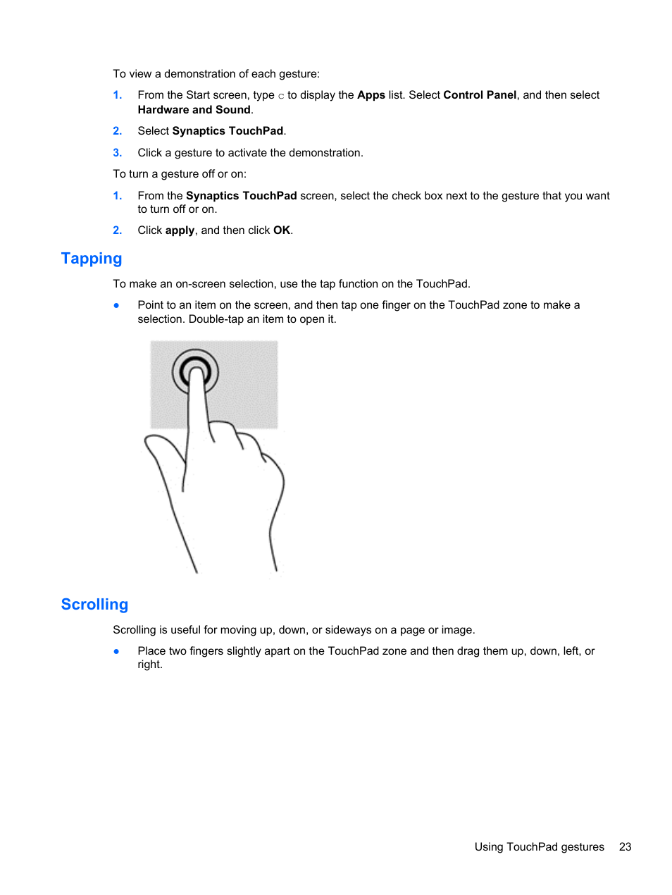 Tapping, Scrolling, Tapping scrolling | HP Pavilion g6-2226nr Notebook PC User Manual | Page 31 / 75