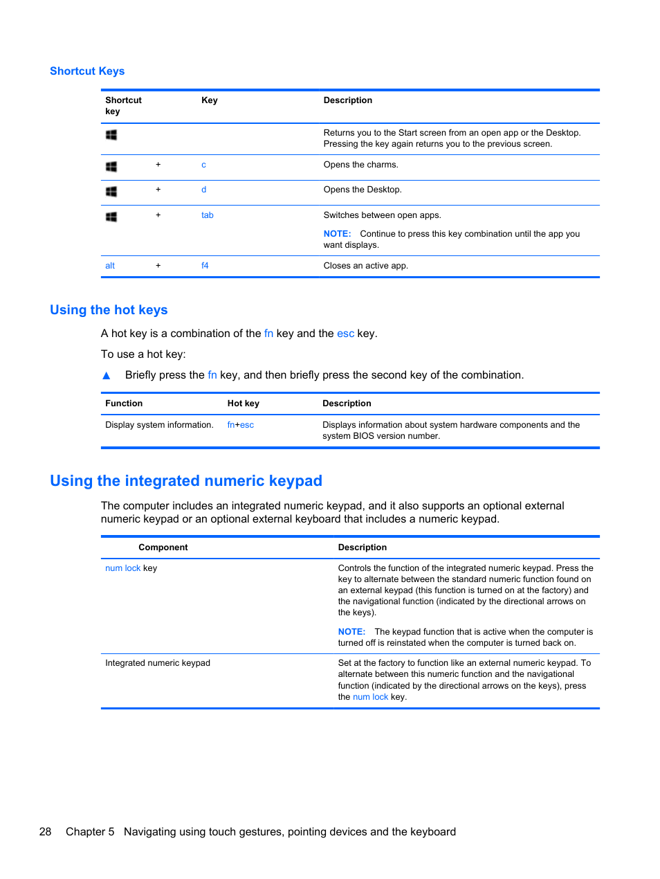 Using the hot keys, Using the integrated numeric keypad | HP Pavilion g6-2226nr Notebook PC User Manual | Page 36 / 75