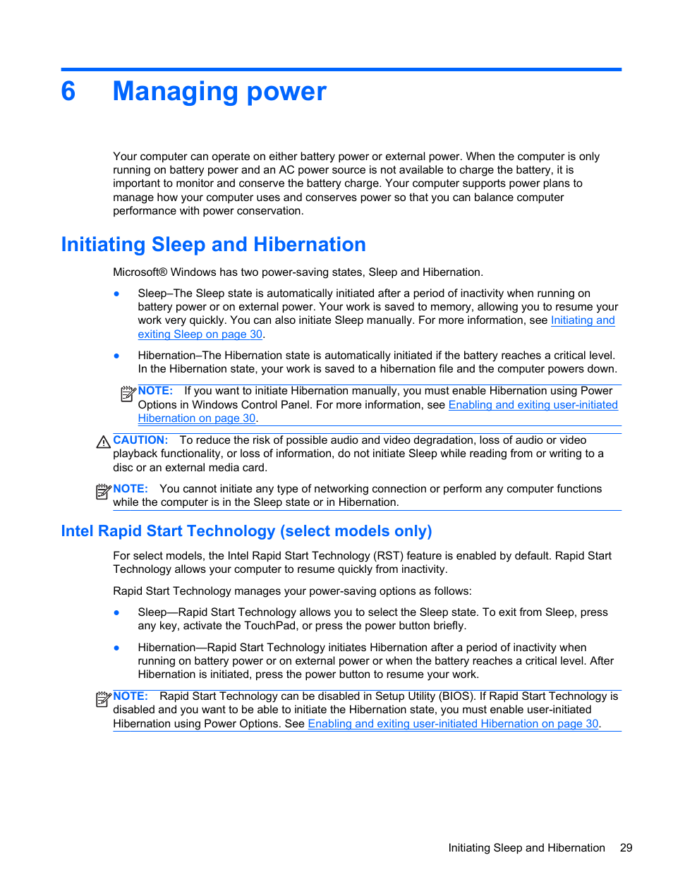Managing power, Initiating sleep and hibernation, Intel rapid start technology (select models only) | 6 managing power, 6managing power | HP Pavilion g6-2226nr Notebook PC User Manual | Page 37 / 75