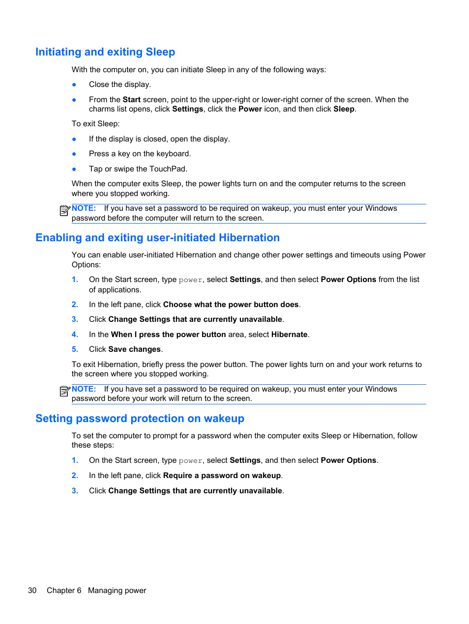 Initiating and exiting sleep, Enabling and exiting user-initiated hibernation, Setting password protection on wakeup | Initiating and, Enabling and exiting user-initiated | HP Pavilion g6-2226nr Notebook PC User Manual | Page 38 / 75