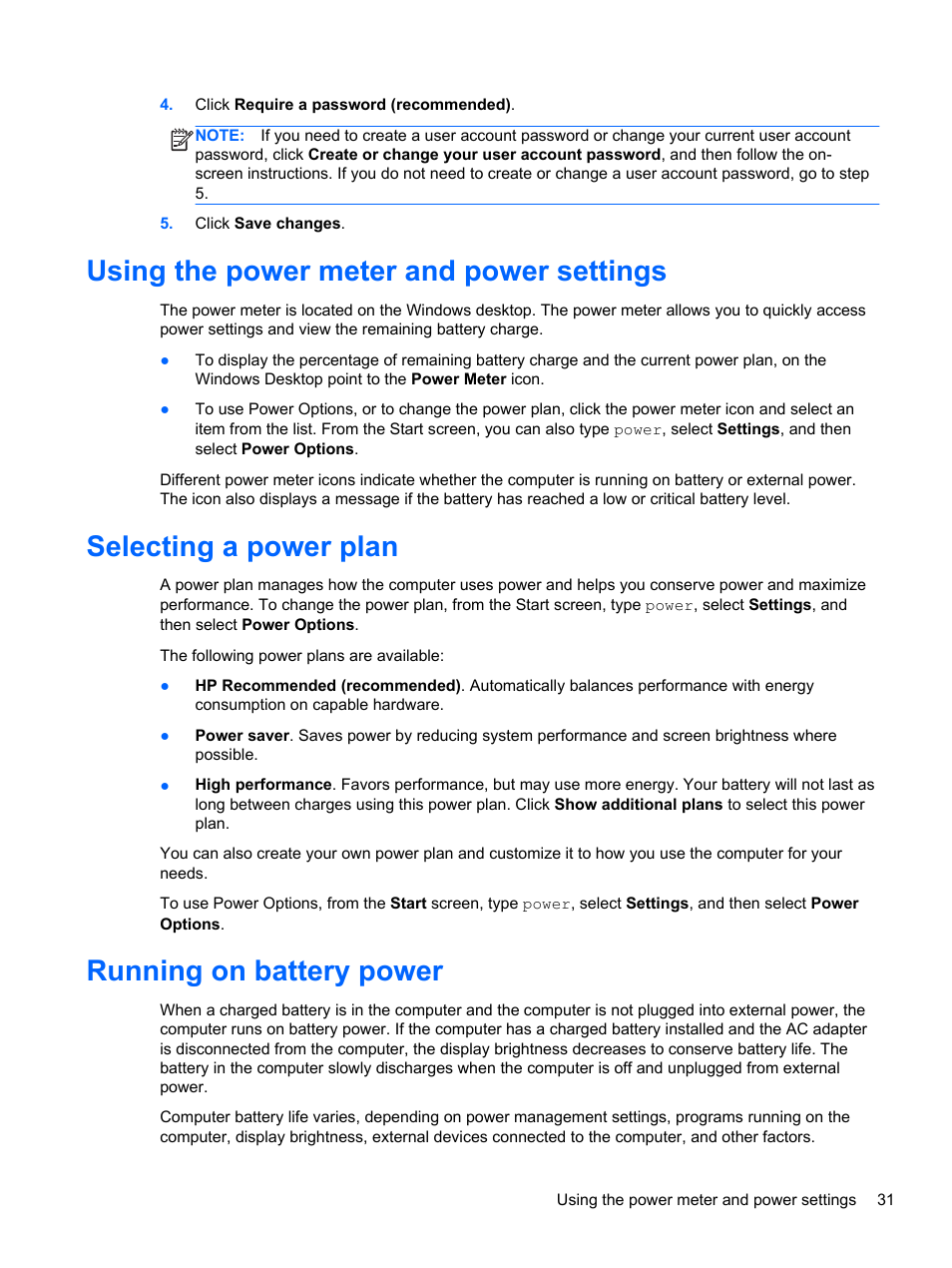 Using the power meter and power settings, Selecting a power plan, Running on battery power | HP Pavilion g6-2226nr Notebook PC User Manual | Page 39 / 75