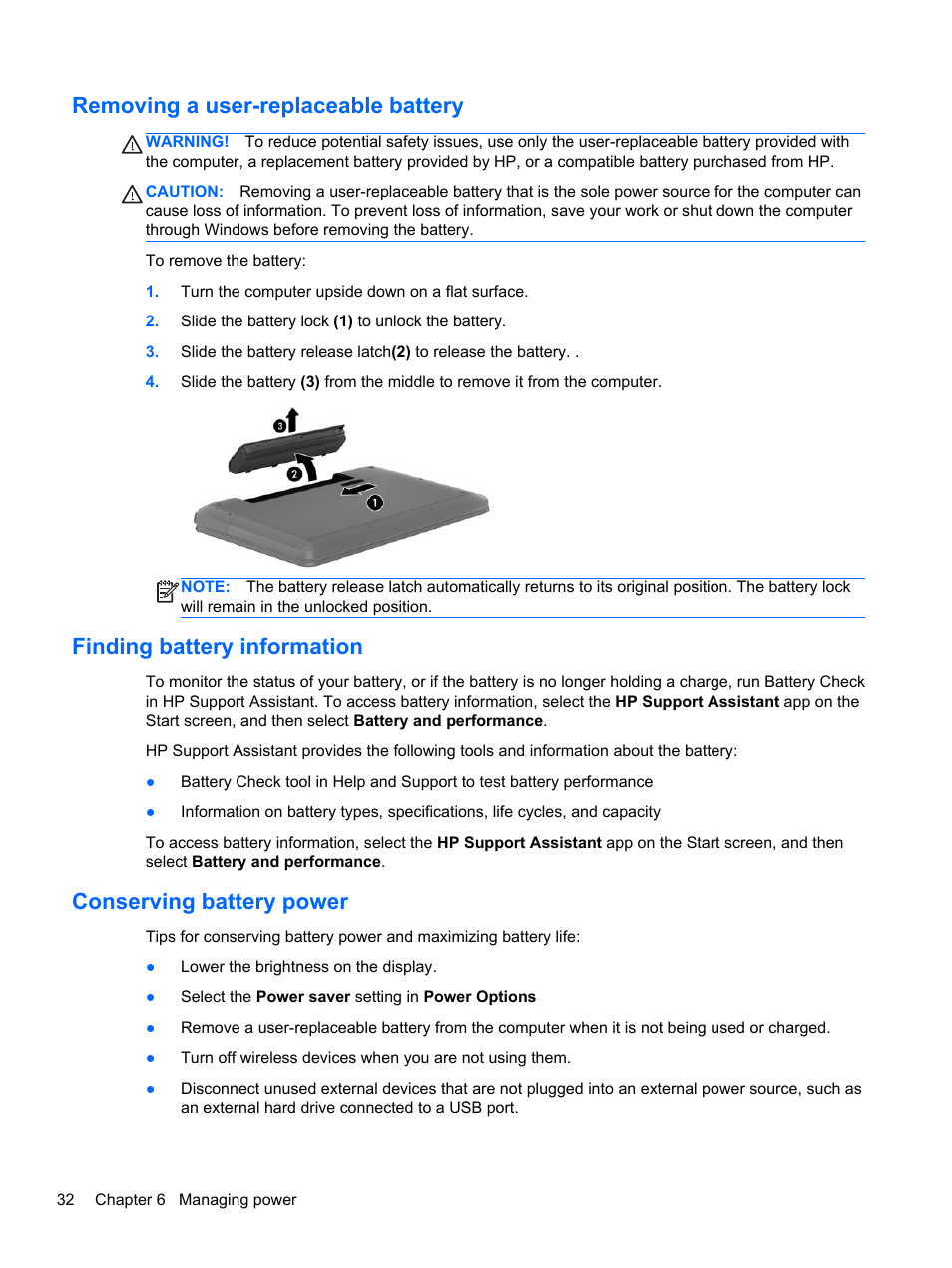 Removing a user-replaceable battery, Finding battery information, Conserving battery power | HP Pavilion g6-2226nr Notebook PC User Manual | Page 40 / 75