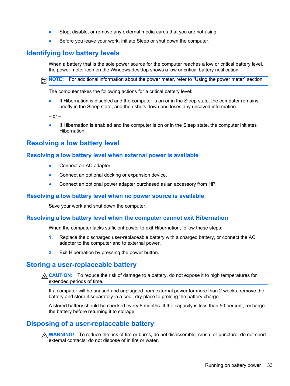 Identifying low battery levels, Resolving a low battery level, Storing a user-replaceable battery | Disposing of a user-replaceable battery | HP Pavilion g6-2226nr Notebook PC User Manual | Page 41 / 75