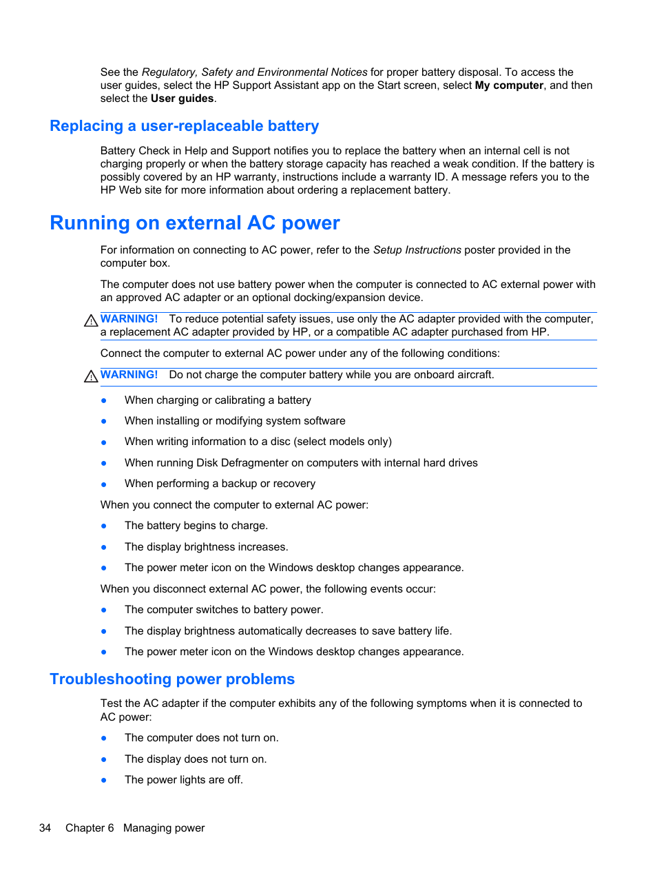 Replacing a user-replaceable battery, Running on external ac power, Troubleshooting power problems | HP Pavilion g6-2226nr Notebook PC User Manual | Page 42 / 75