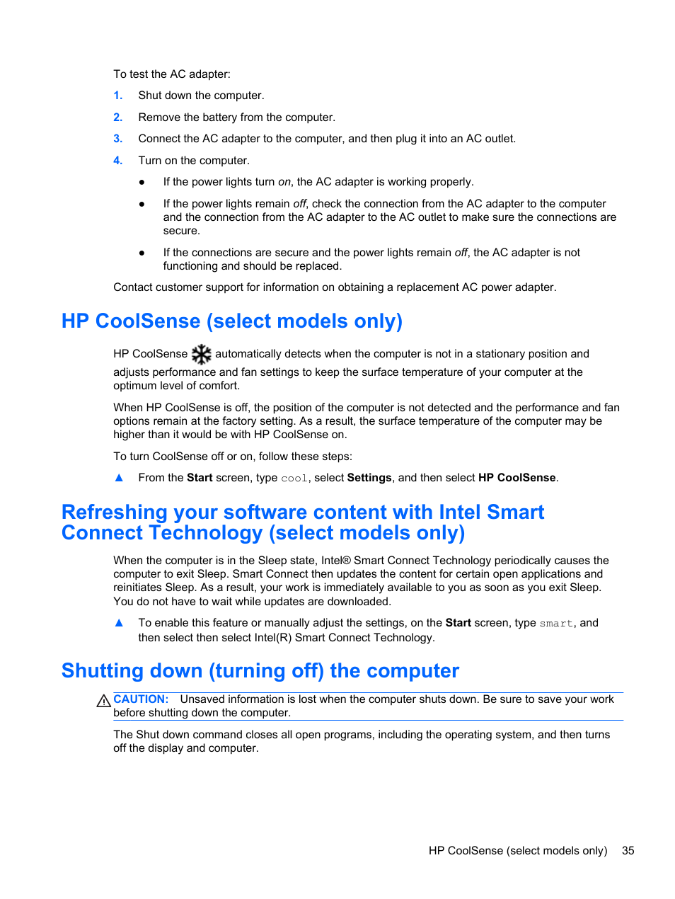 Hp coolsense (select models only), Shutting down (turning off) the computer | HP Pavilion g6-2226nr Notebook PC User Manual | Page 43 / 75