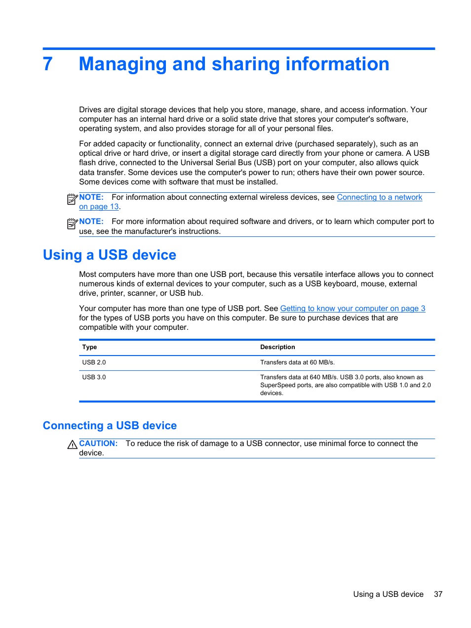 Managing and sharing information, Using a usb device, Connecting a usb device | 7 managing and sharing information, 7managing and sharing information | HP Pavilion g6-2226nr Notebook PC User Manual | Page 45 / 75