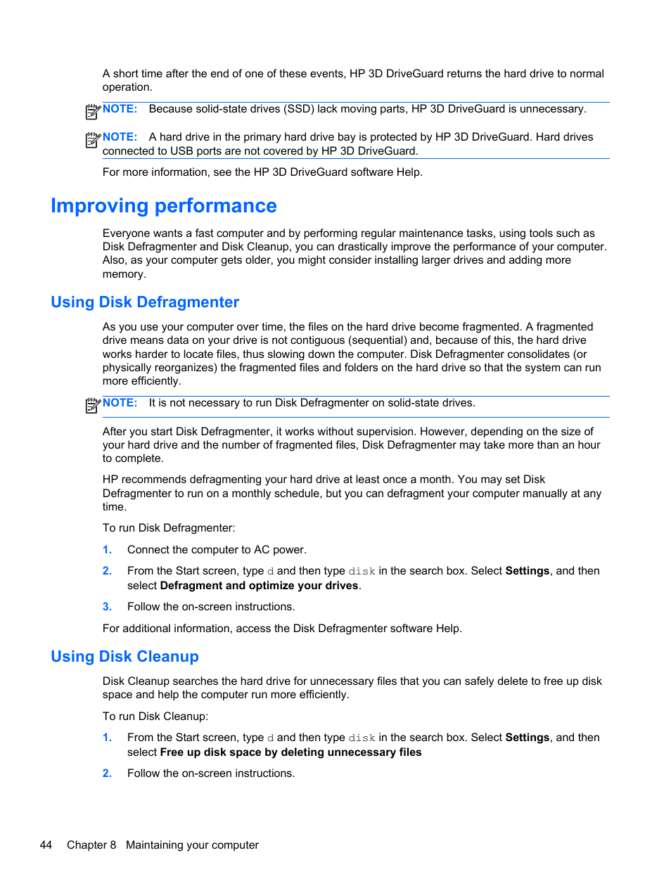 Improving performance, Using disk defragmenter, Using disk cleanup | Using disk defragmenter using disk cleanup | HP Pavilion g6-2226nr Notebook PC User Manual | Page 52 / 75