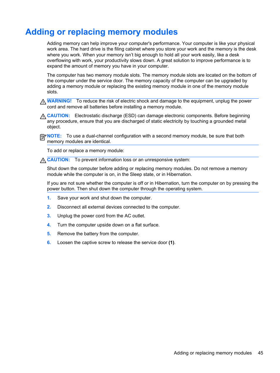 Adding or replacing memory modules | HP Pavilion g6-2226nr Notebook PC User Manual | Page 53 / 75
