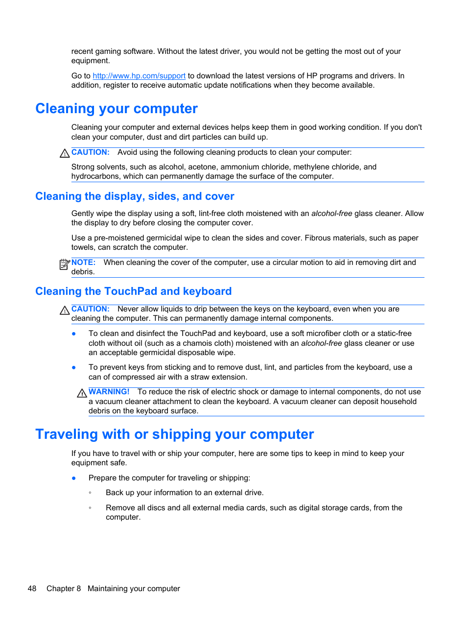 Cleaning your computer, Cleaning the display, sides, and cover, Cleaning the touchpad and keyboard | Traveling with or shipping your computer | HP Pavilion g6-2226nr Notebook PC User Manual | Page 56 / 75