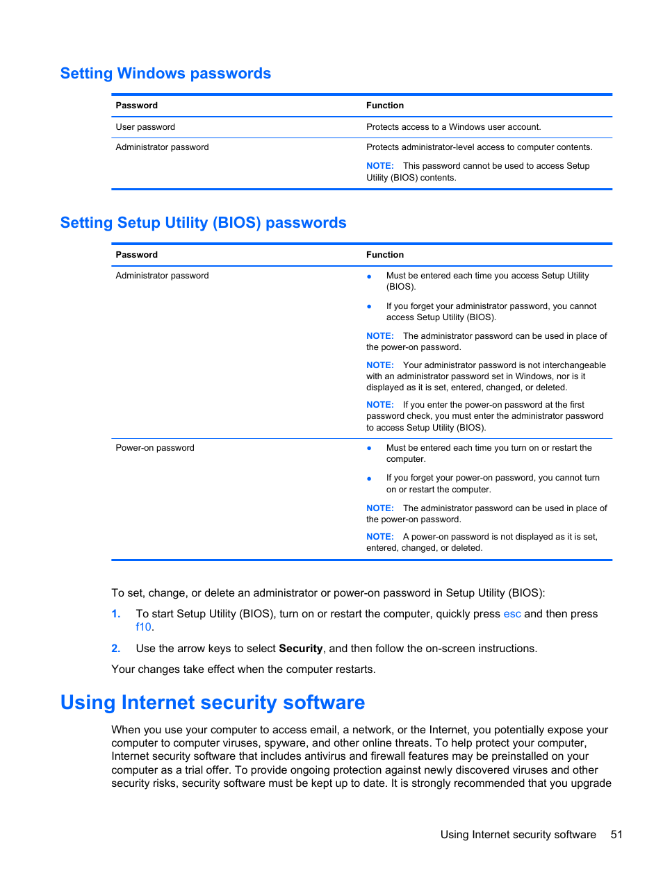 Setting windows passwords, Setting setup utility (bios) passwords, Using internet security software | HP Pavilion g6-2226nr Notebook PC User Manual | Page 59 / 75