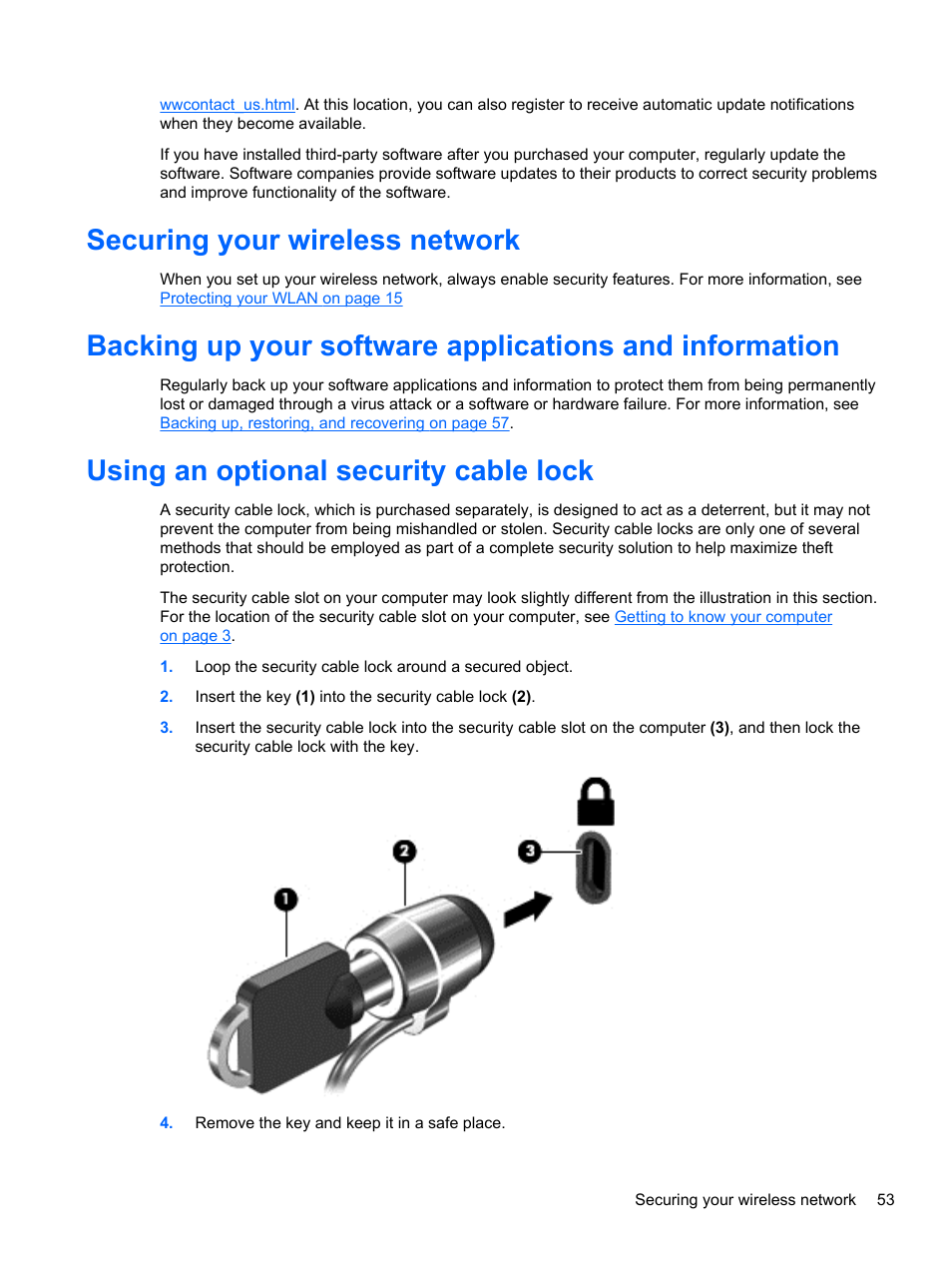 Securing your wireless network, Using an optional security cable lock | HP Pavilion g6-2226nr Notebook PC User Manual | Page 61 / 75