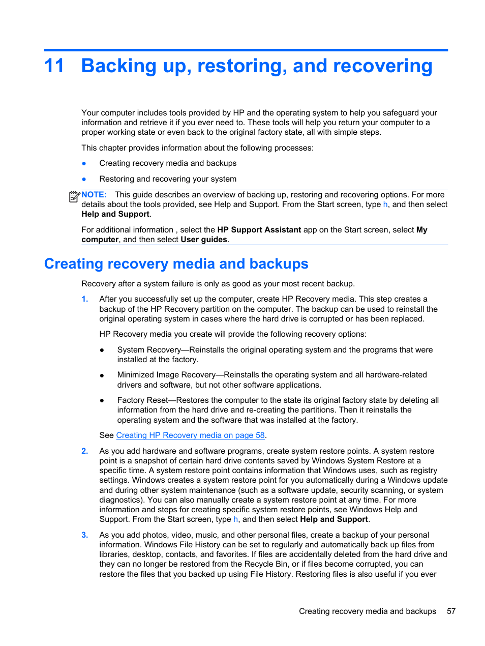 Backing up, restoring, and recovering, Creating recovery media and backups, 11 backing up, restoring, and recovering | Backing up | HP Pavilion g6-2226nr Notebook PC User Manual | Page 65 / 75