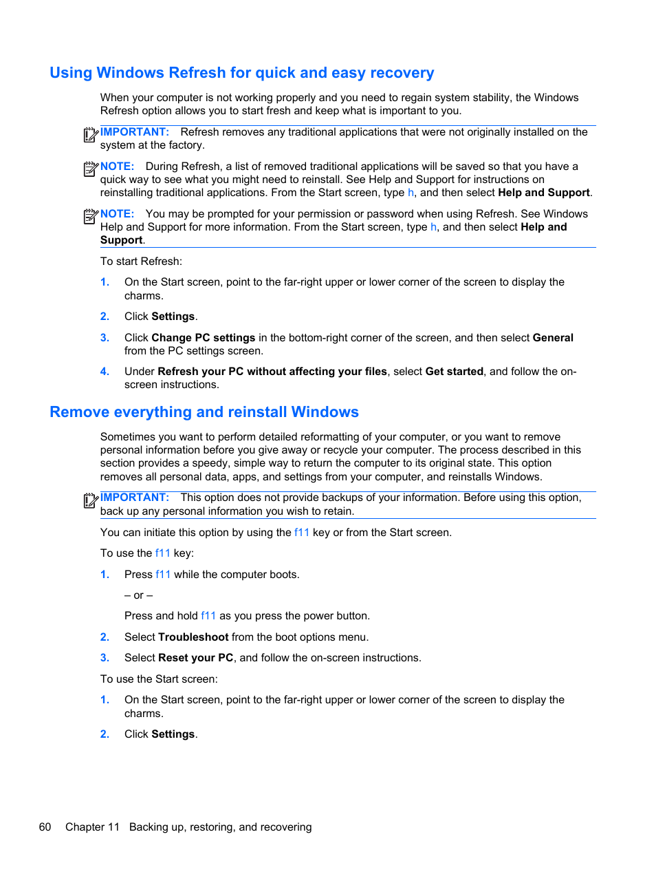 Using windows refresh for quick and easy recovery, Remove everything and reinstall windows | HP Pavilion g6-2226nr Notebook PC User Manual | Page 68 / 75