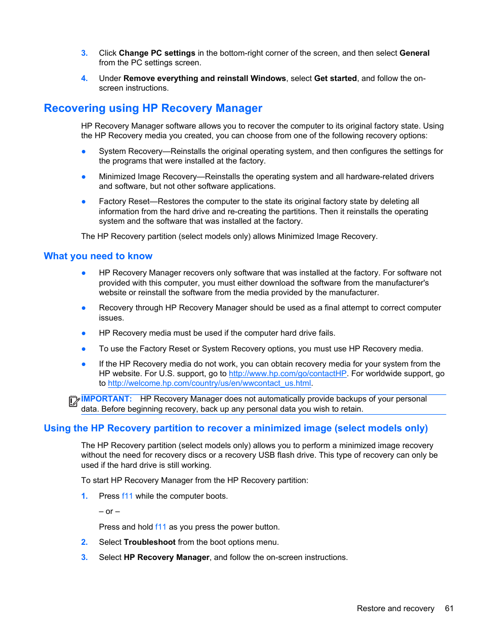 Recovering using hp recovery manager, What you need to know | HP Pavilion g6-2226nr Notebook PC User Manual | Page 69 / 75